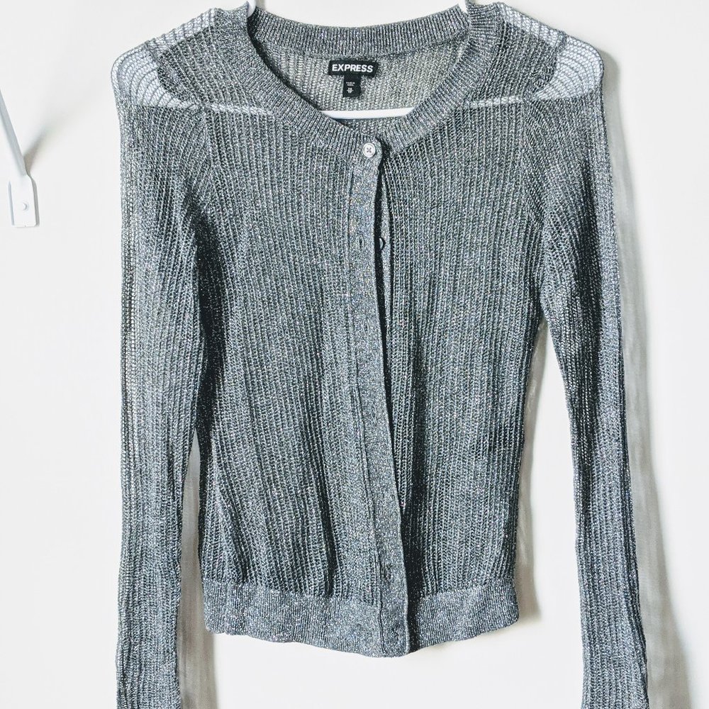 Express Shimmery Crewneck Button Down Cardigan